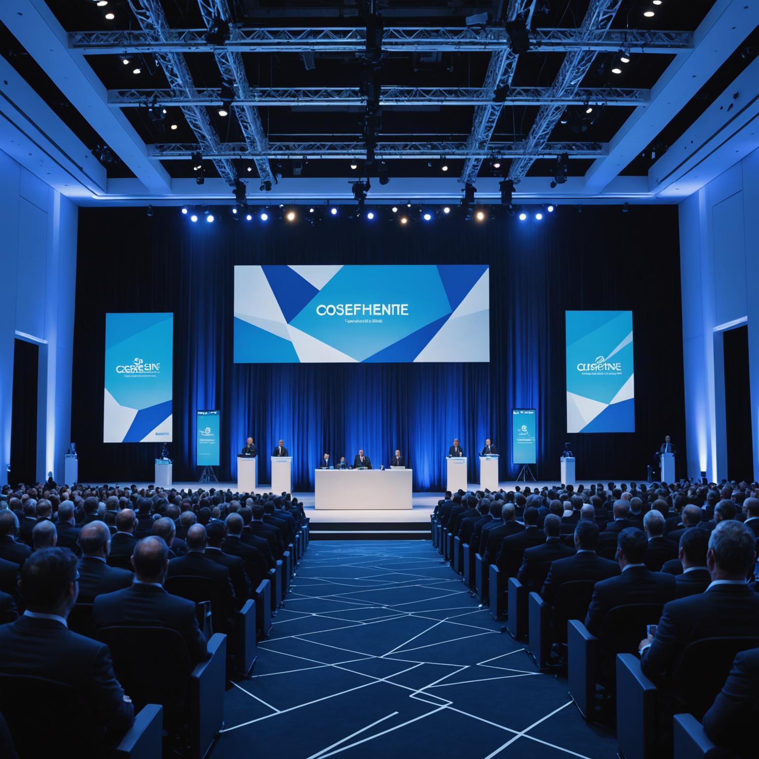 Professional corporate conference with stage and audience