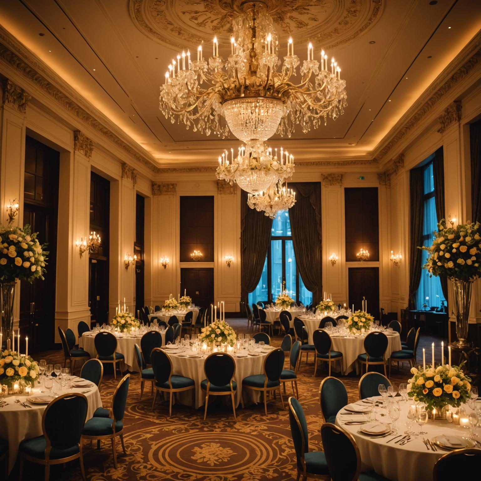 Elegant gala venue with golden lighting and decorated tables
