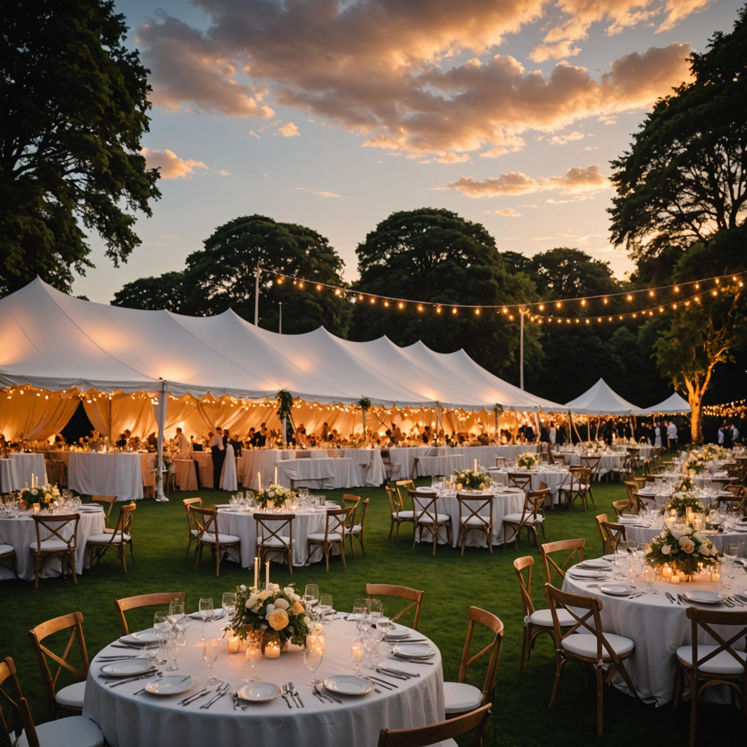 Outdoor marquee event with sunset lighting and fairy lights