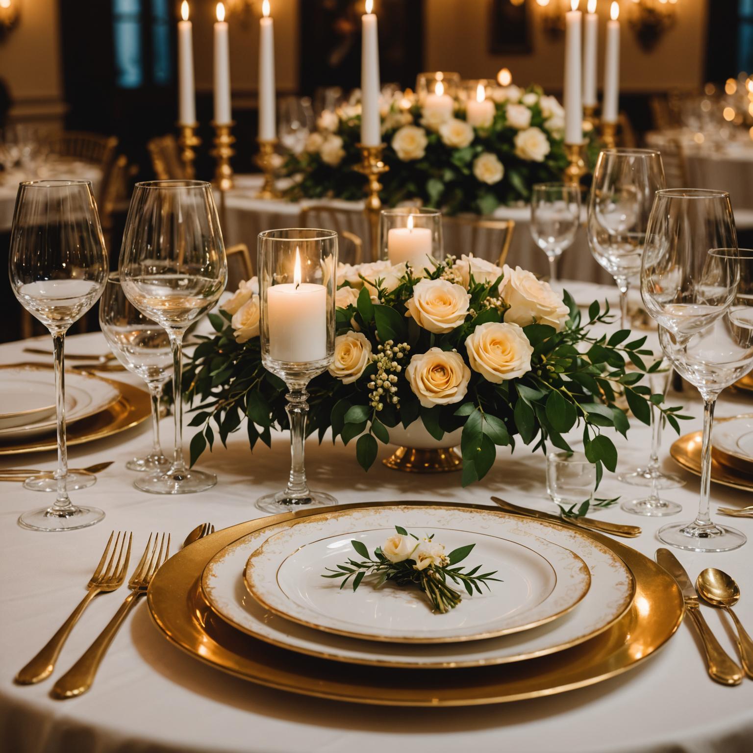 Luxurious charity dinner table setting with floral centrepiece